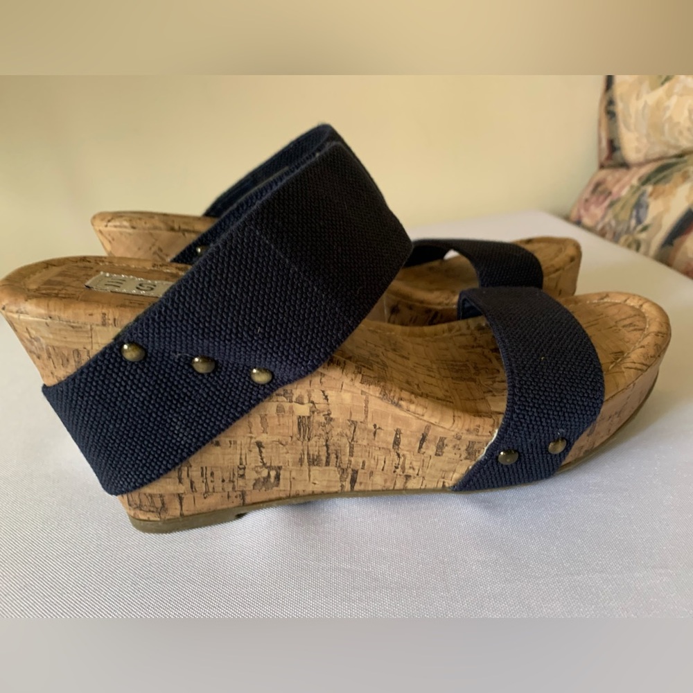 Espirt Cork Wedge Open Toe Wide Band Sandal Clog Navy Size 7